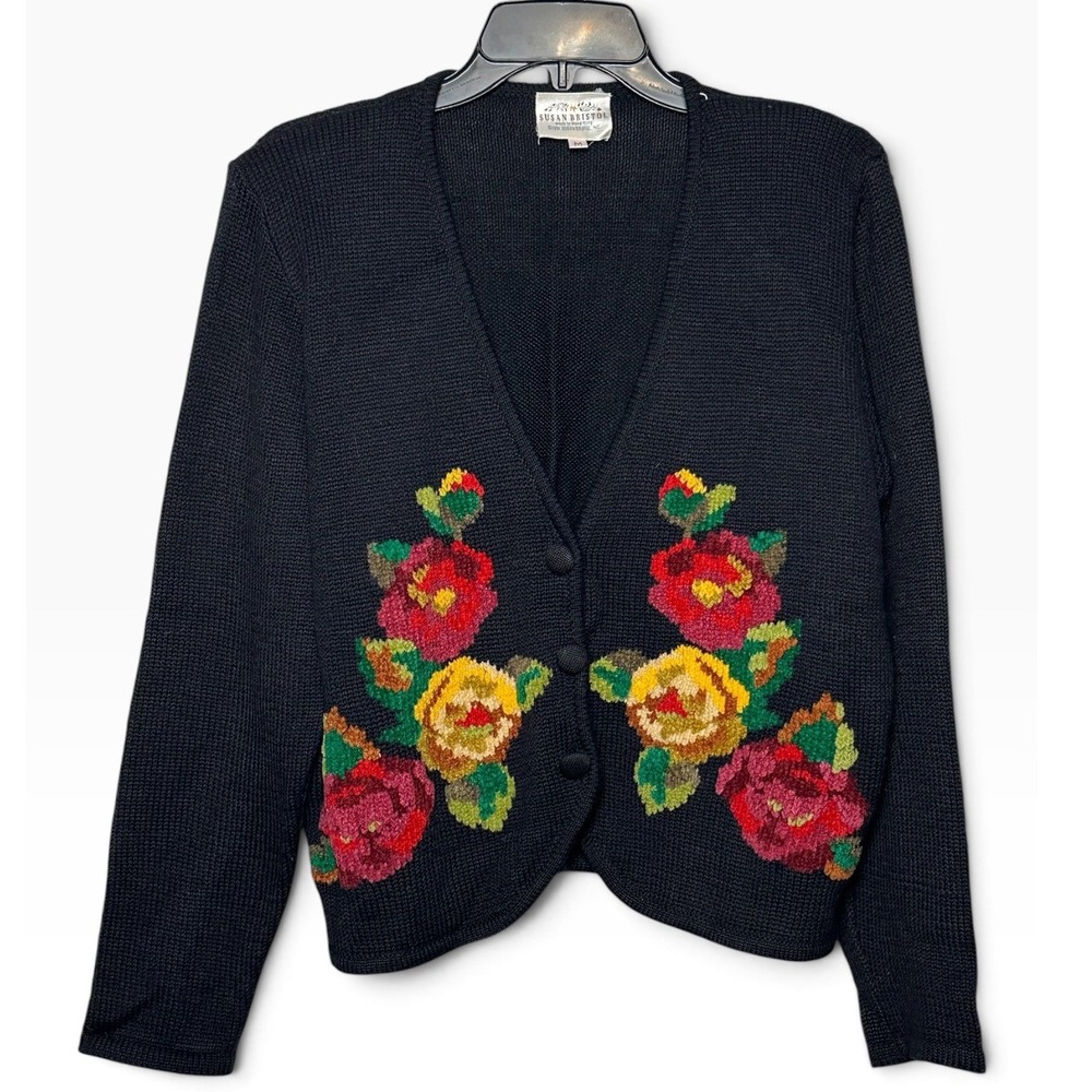 Vintage Susan Bristol Black Floral Embroidered Wool Blend Cardigan Size Medium